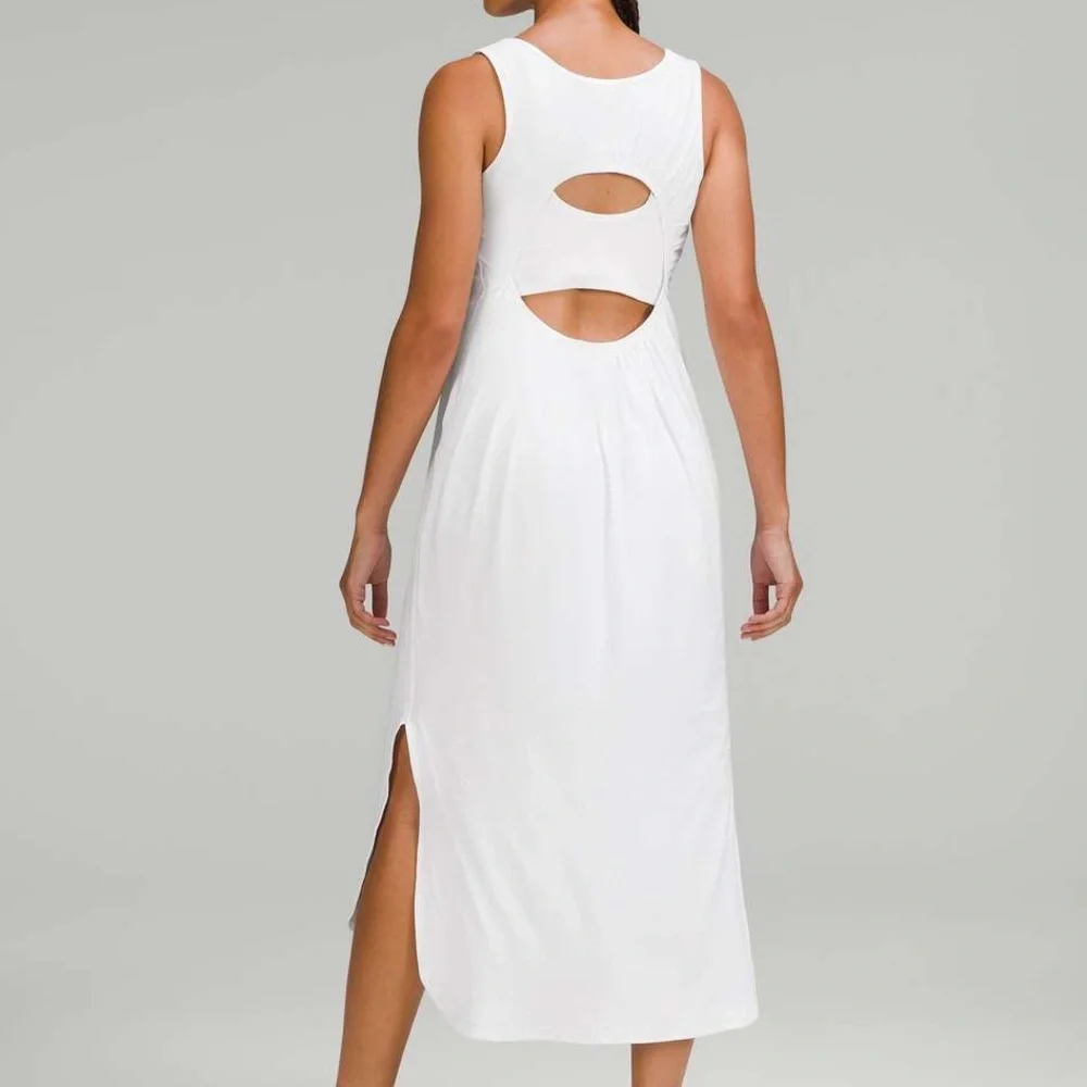 Lululemon Women 6 White Athleisure Stretch Pima Cotton Open-Back Midi Dress NWT